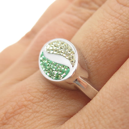 925 Sterling Silver Green & Yellow Rhinestone Yin Yang Ring Size 8.25