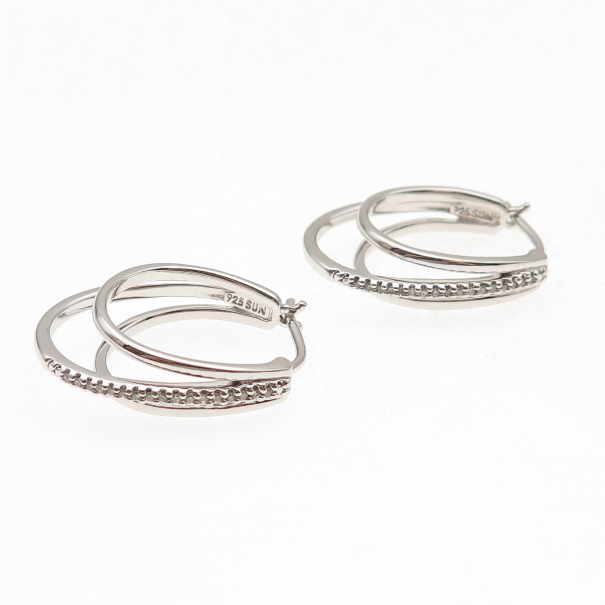 Sun 925 Sterling Silver Real Round-Cut Diamond 3-Row Hoop Earrings