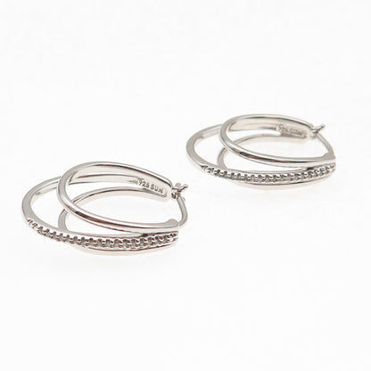 Sun 925 Sterling Silver Real Round-Cut Diamond 3-Row Hoop Earrings
