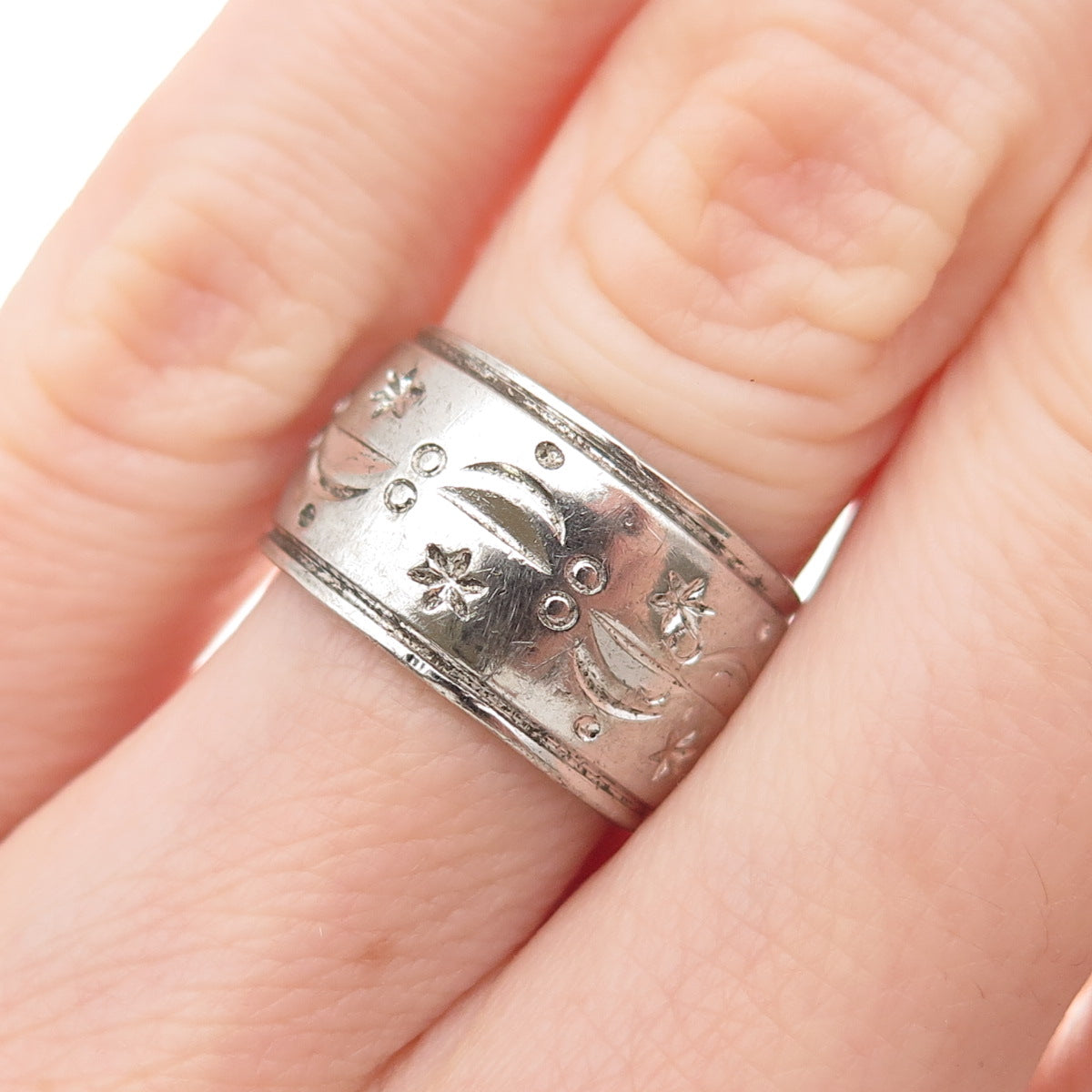 Uncas 925 Sterling Silver Antique Art Deco Floral Wide Band Ring Size 5.25