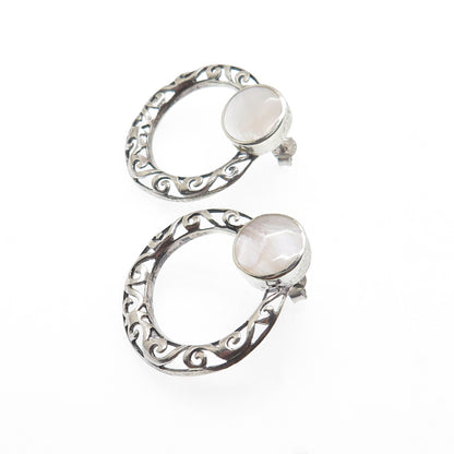 925 Sterling Silver Vintage Real MOP Door Knocker Ornate Oxidized Earrings
