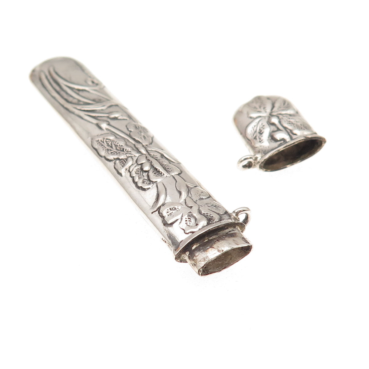 925 Sterling Silver Vintage Floral Repousse Oxidized Needle Case