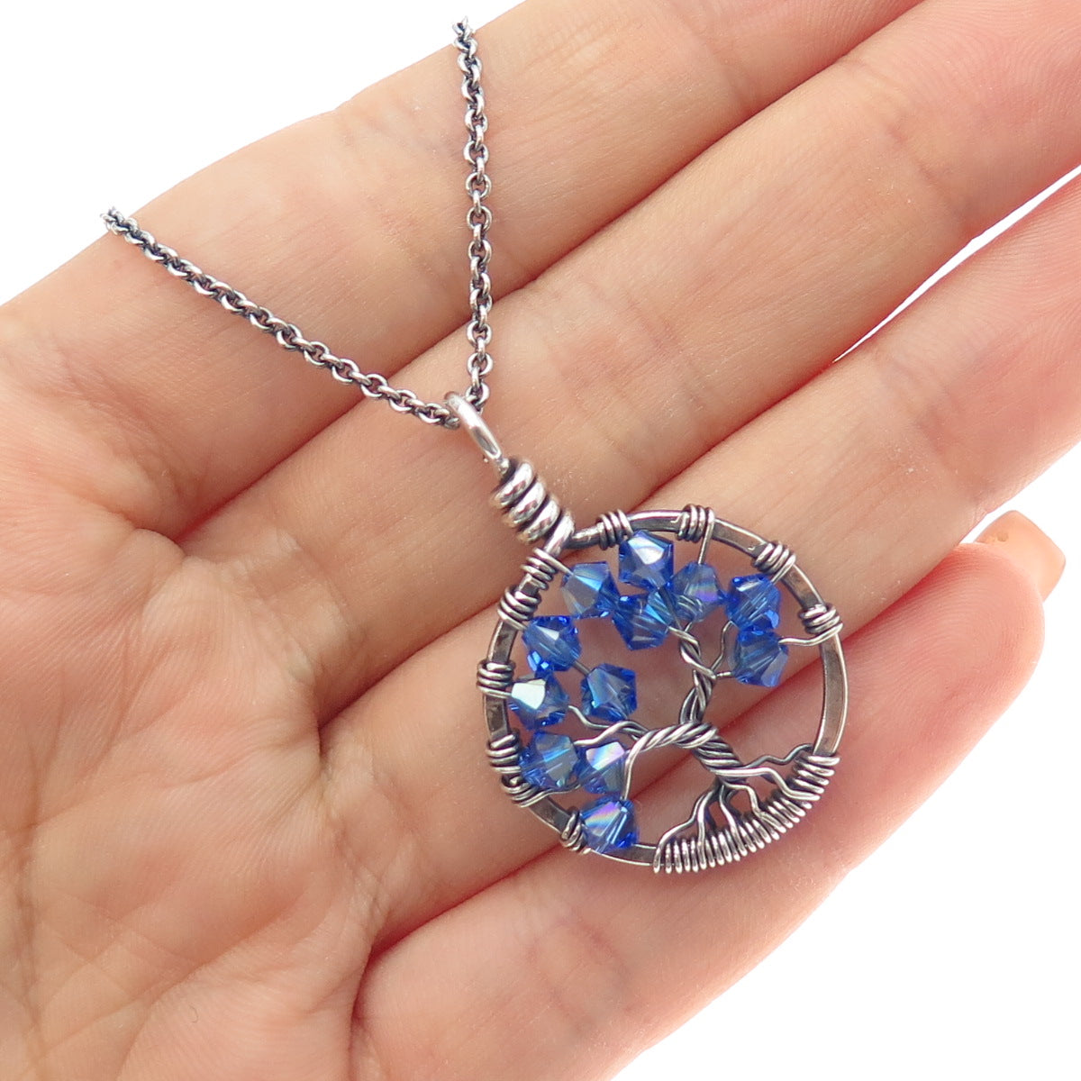 Treasure Trove Sterling Silver Vintage Blue Crystal Tree of Life Necklace 22"