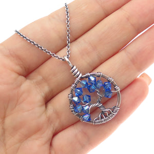 Treasure Trove Sterling Silver Vintage Blue Crystal Tree of Life Necklace 22"