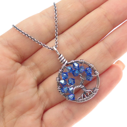 Treasure Trove Sterling Silver Vintage Blue Crystal Tree of Life Necklace 22"