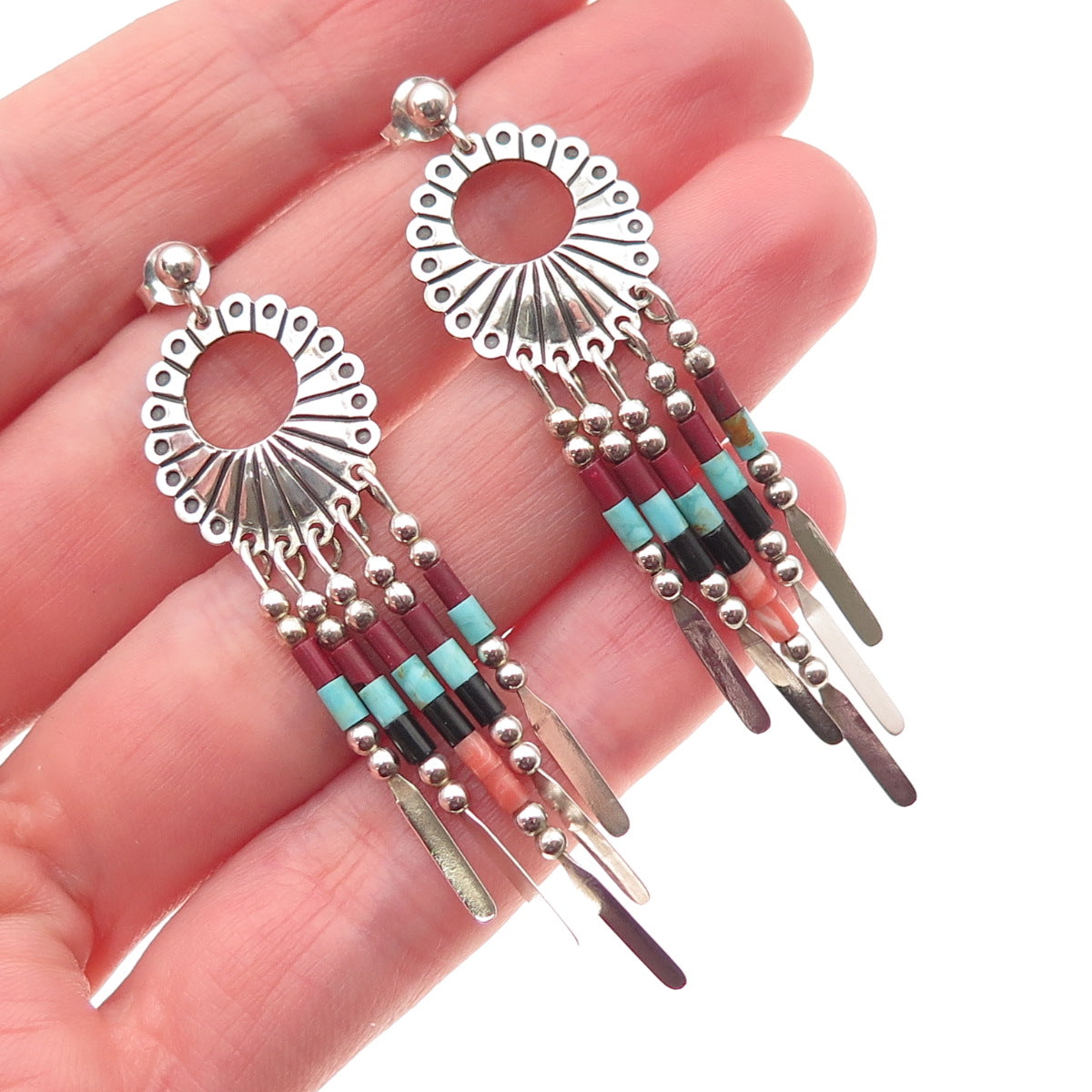 Quoc Turquoise Old Pawn Sterling Silver Vintage Southwestern Multi-Gem Earrings