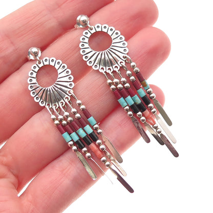 Quoc Turquoise Old Pawn Sterling Silver Vintage Southwestern Multi-Gem Earrings