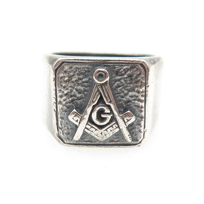 925 Sterling Silver Vintage Masonic Oxidized Signet Ring Size 10.75