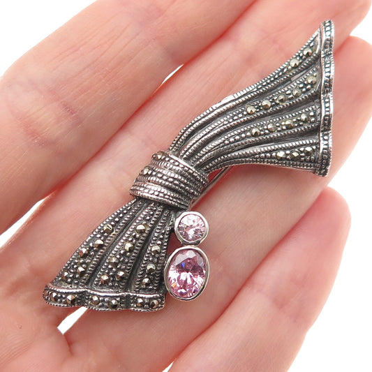 925 Sterling Silver Vintage Real Marcasite & Purple C Z Bow Oxidized Pin Brooch