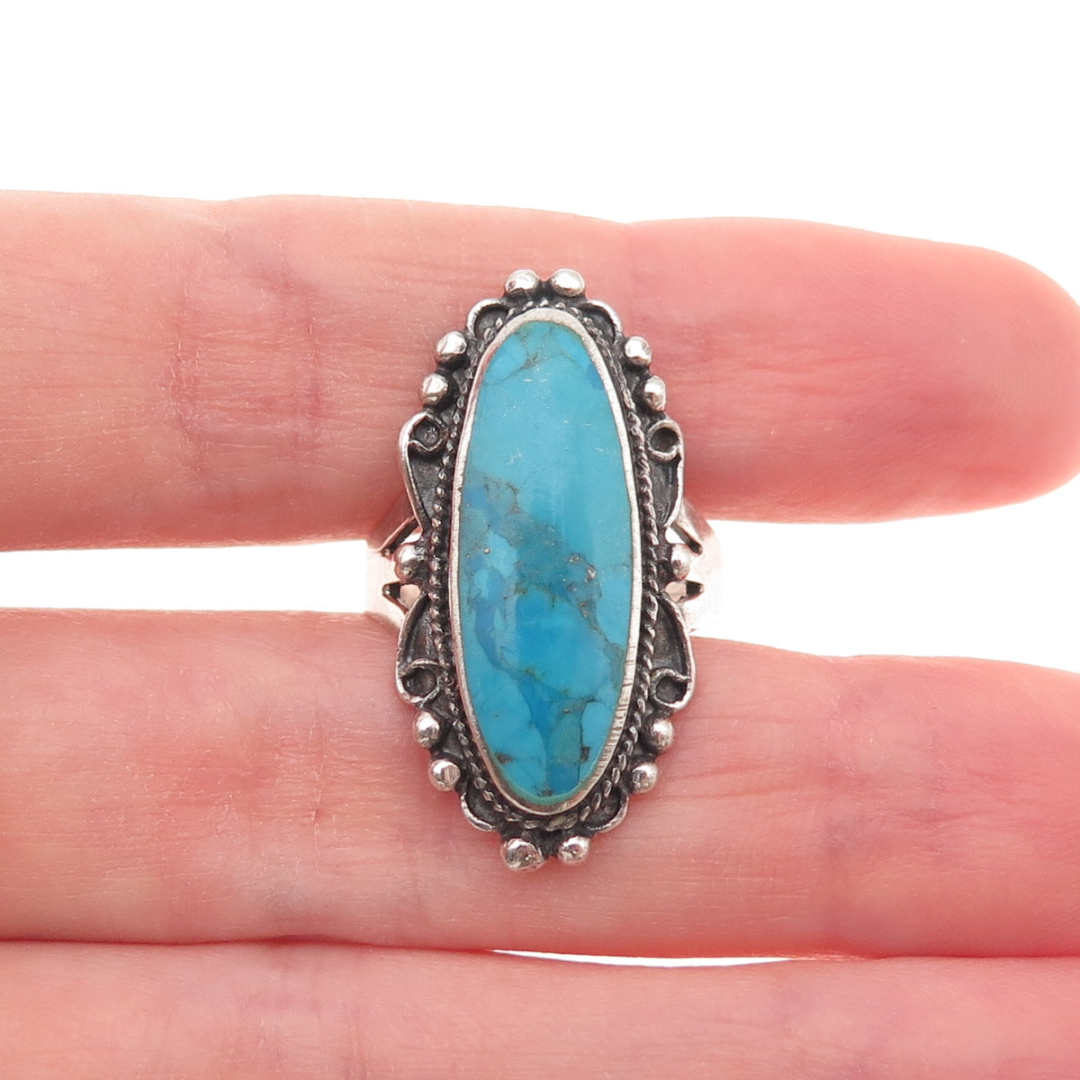 925 Sterling Silver Vintage Real Bisbee Turquoise Oxidized Ring Size 7