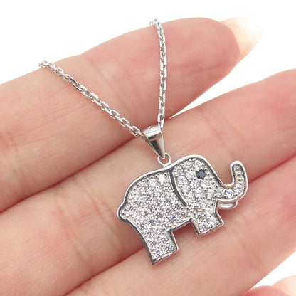 925 Sterling Silver Italy Pave C Z Elephant Pendant Cable Chain Necklace 16"