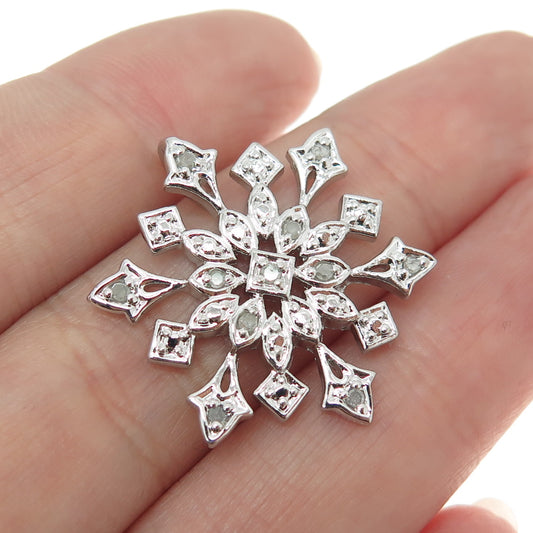 925 Sterling Silver Real Round-Cut Diamond Snowflake Pendant