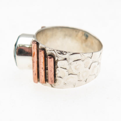 925 Sterling Silver 2-Tone Vintage Blue C Z Modernist Oxidized Ring Size 6.25