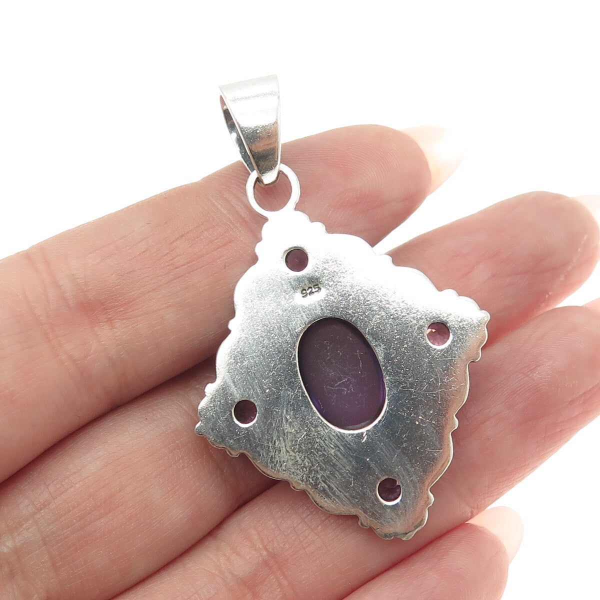925 Sterling Silver Vintage Real Amethyst Gemstone Ethnic / Boho Pendant