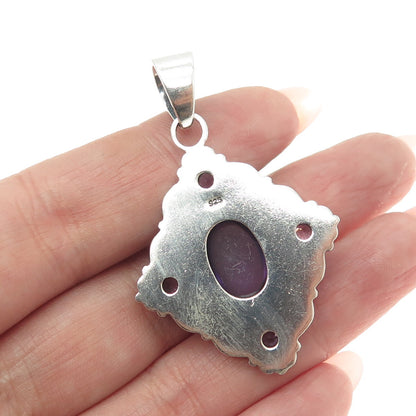 925 Sterling Silver Vintage Real Amethyst Gemstone Ethnic / Boho Pendant