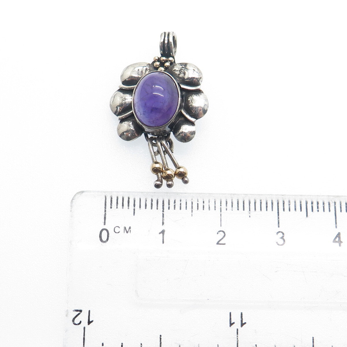 ORION Sterling Silver & 14K Gold Vintage Real Amethyst Modernist Flower Pendant