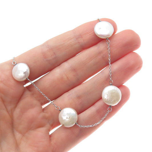 925 Sterling Silver Vintage Real Pearl Station Cable Chain Necklace 18"