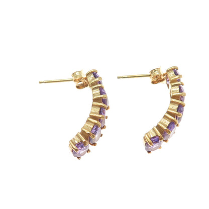 925 Sterling Silver Gold Plated Real Oval-Cut Amethyst Cluster Bar Drop Earrings
