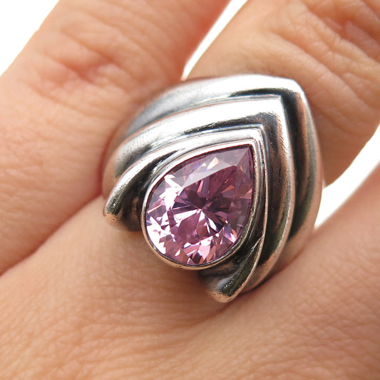 925 Sterling Silver Vintage Pear-Cut Pink C Z Modernist Oxidized Ring Size 5.75