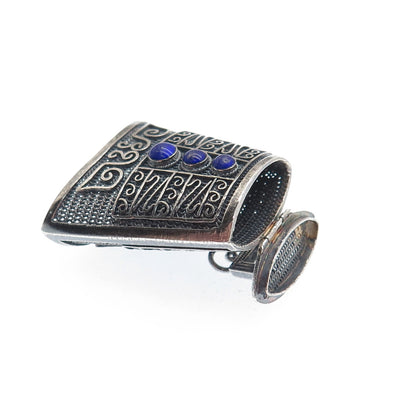 925 Sterling Silver Antique Real Lapis Chatelaine Filigree Box Oxidized Pendant