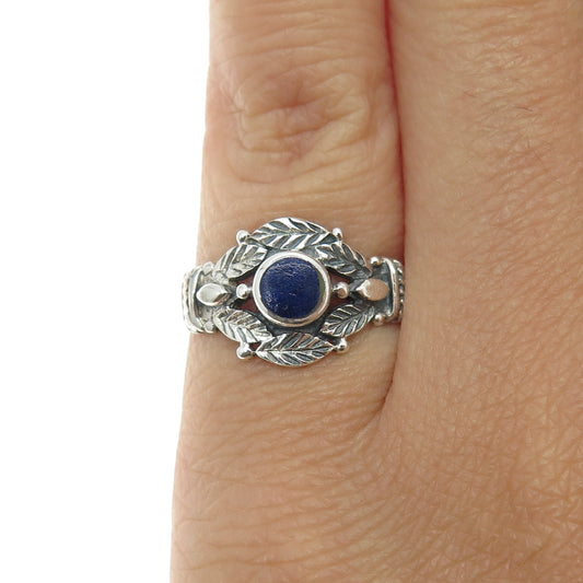 925 Sterling Silver Vintage Real Lapis Lazuli Floral Leaf Oxidized Ring Size 5.5