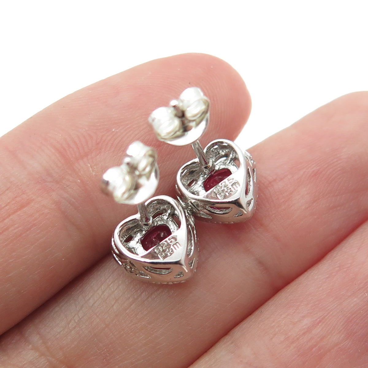 925 Sterling Silver Lab-Created Ruby Heart Stud Earrings