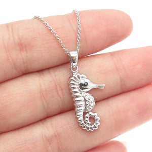 925 Sterling Silver White & Black C Z Seahorse Pendant Rolo Chain Necklace 18"