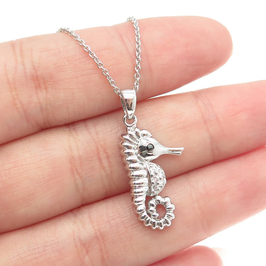 925 Sterling Silver White & Black C Z Seahorse Pendant Rolo Chain Necklace 18"