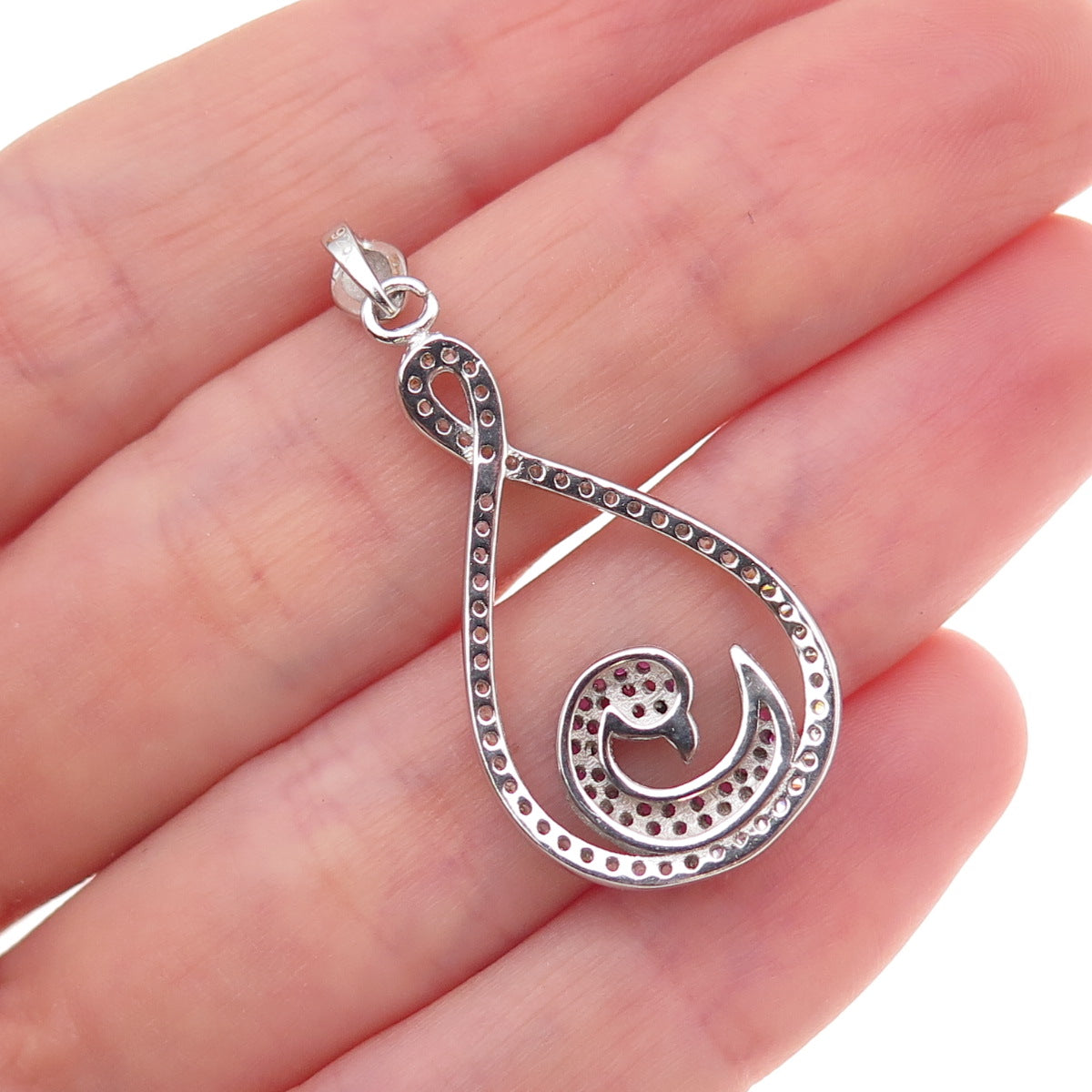 925 Sterling Silver Lab-Created Ruby Black & White C Z Swan Charm Pendant