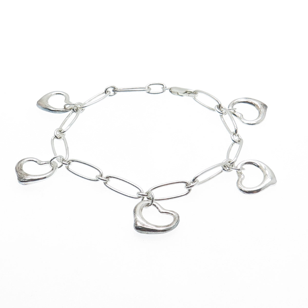 925 Sterling Silver Vintage Open Heart Charms Paperclip Link Bracelet 7"
