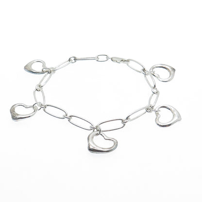 925 Sterling Silver Vintage Open Heart Charms Paperclip Link Bracelet 7"