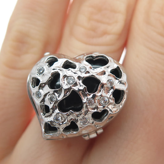 925 Sterling Silver Real Black Onyx Gem & C Z Heart Cutout Locket Ring Size 7
