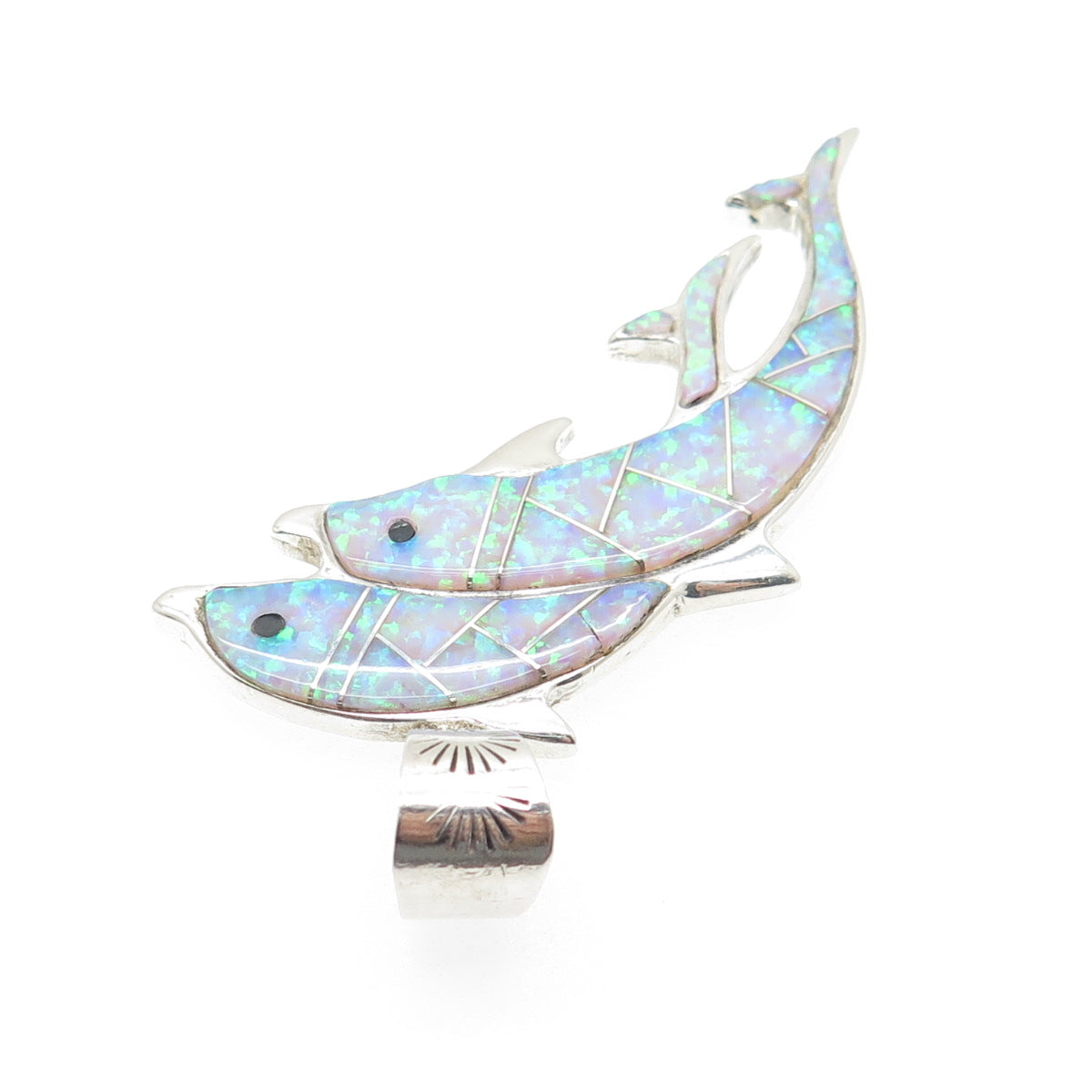 CALVIN PETERSON NAVAJO Old Pawn 925 Sterling Vintage Opal & Onyx Dolphin Pendant