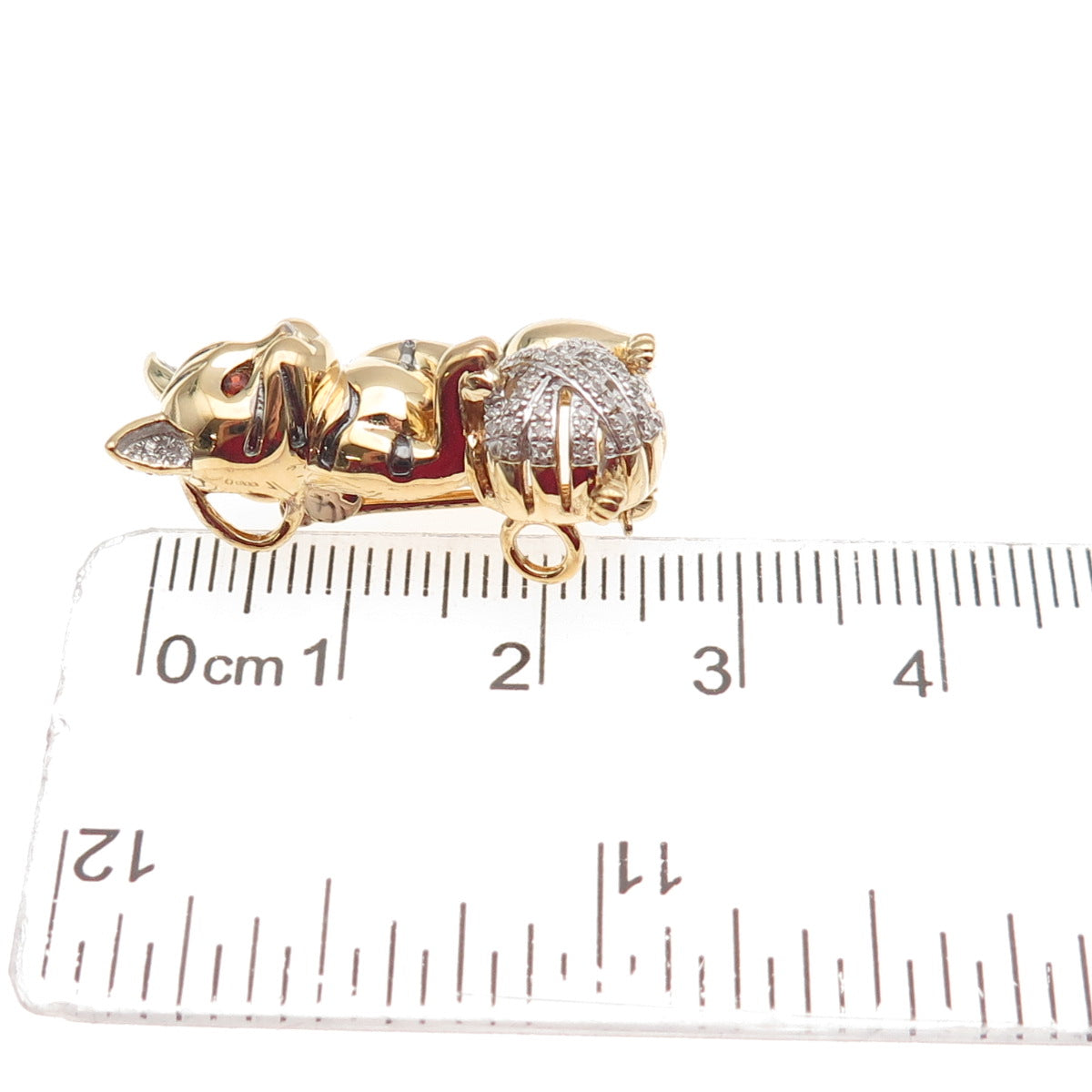 925 Sterling Gold Plated Real Diamond Red Garnet Cat Heart Brooch Slide Pendant