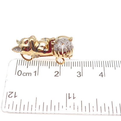 925 Sterling Gold Plated Real Diamond Red Garnet Cat Heart Brooch Slide Pendant