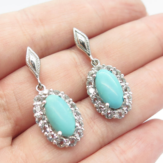 925 Sterling Silver Vintage Real White Topaz & Turquoise Gem Dangling Earrings