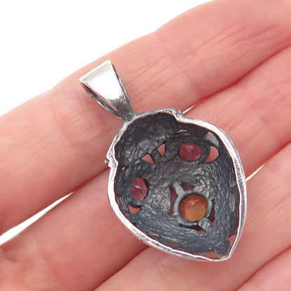 925 Sterling Silver Vintage Real Citrine & Amethyst Oxidized Charm Pendant