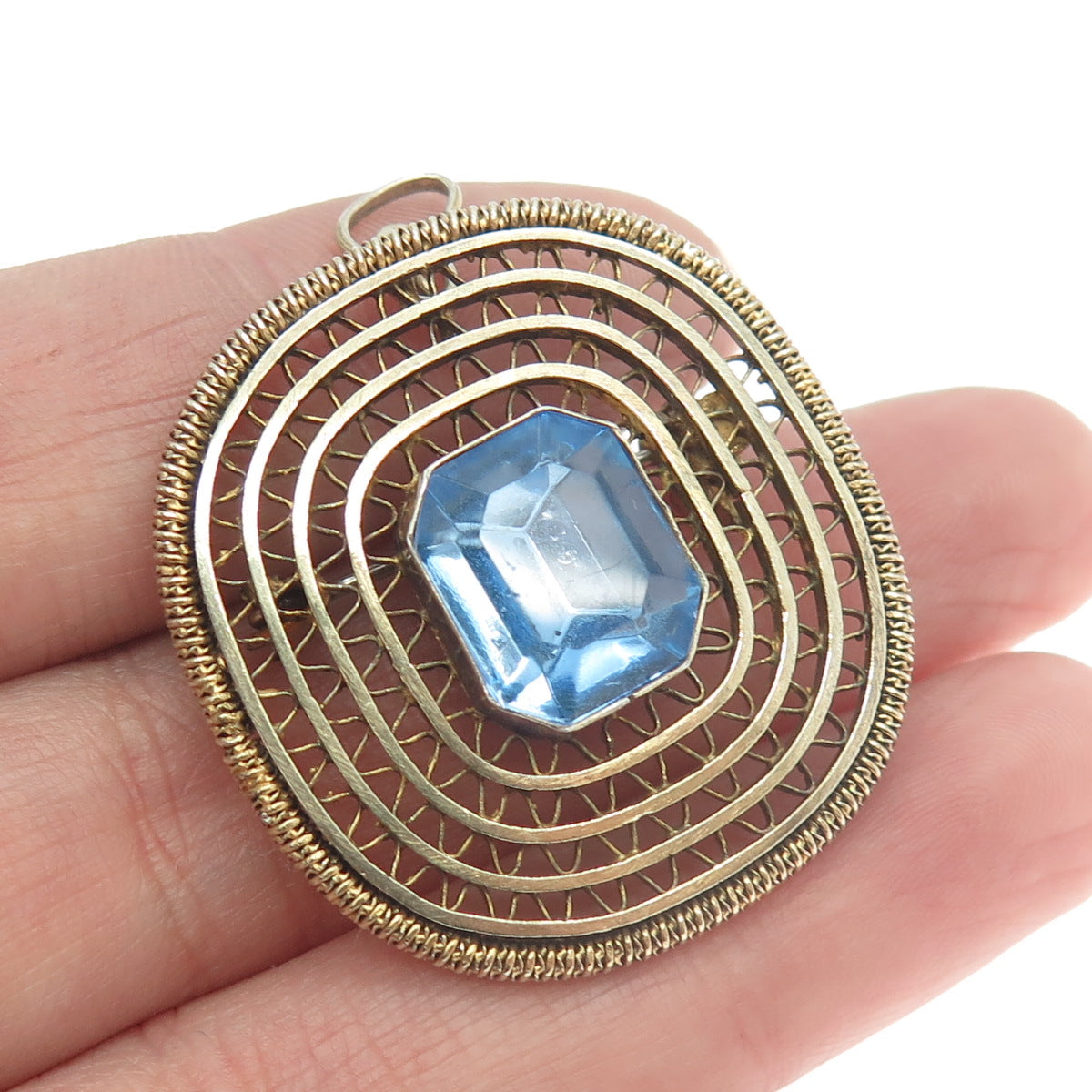 925 Sterling Silver Vintage Israel Handmade Blue Glass Ornate Pendant / Brooch