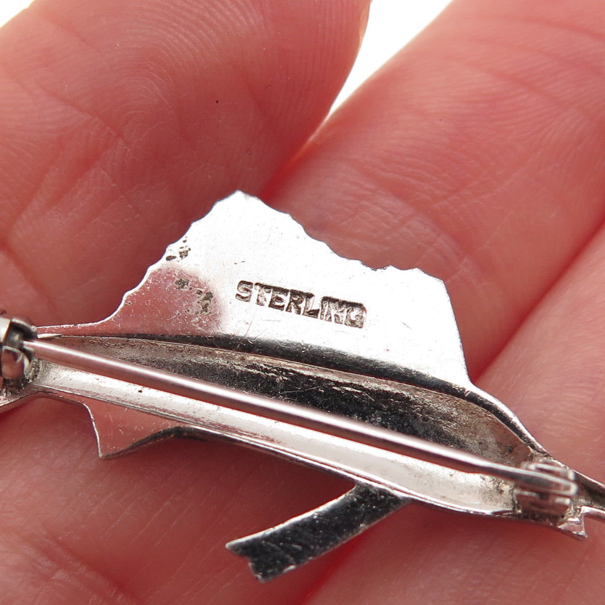 925 Sterling Antique Enamel & Rhinestone Swordfish Pin Brooch (missing 2 stones)