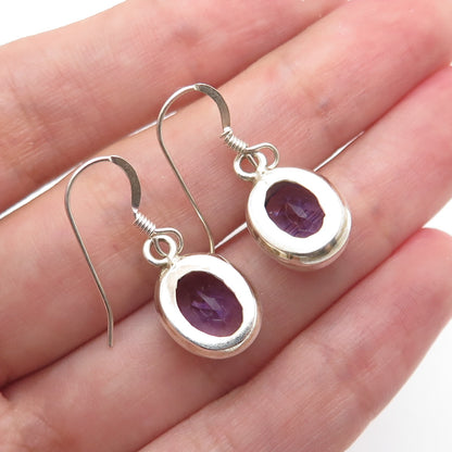 925 Sterling Silver Vintage Real Oval-Cut Amethyst Dangle Earrings