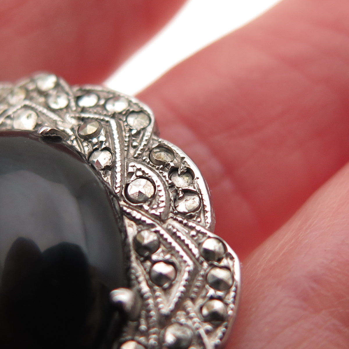 925 Sterling Silver Antique Real Black Onyx Marcasite Pendant (missing 3 stones)