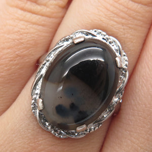 CLARK & COOMBS 925 Sterling Silver Antique Art Deco Real Agate Ring Size 6.75