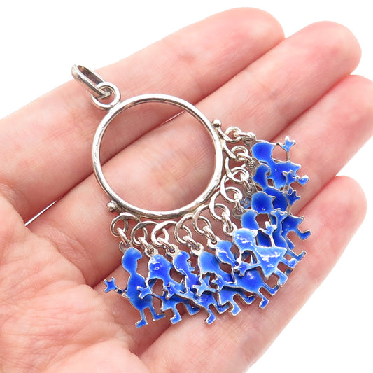 925 Sterling Silver Vintage Italy Enamel Children Multi-Charm Pendant