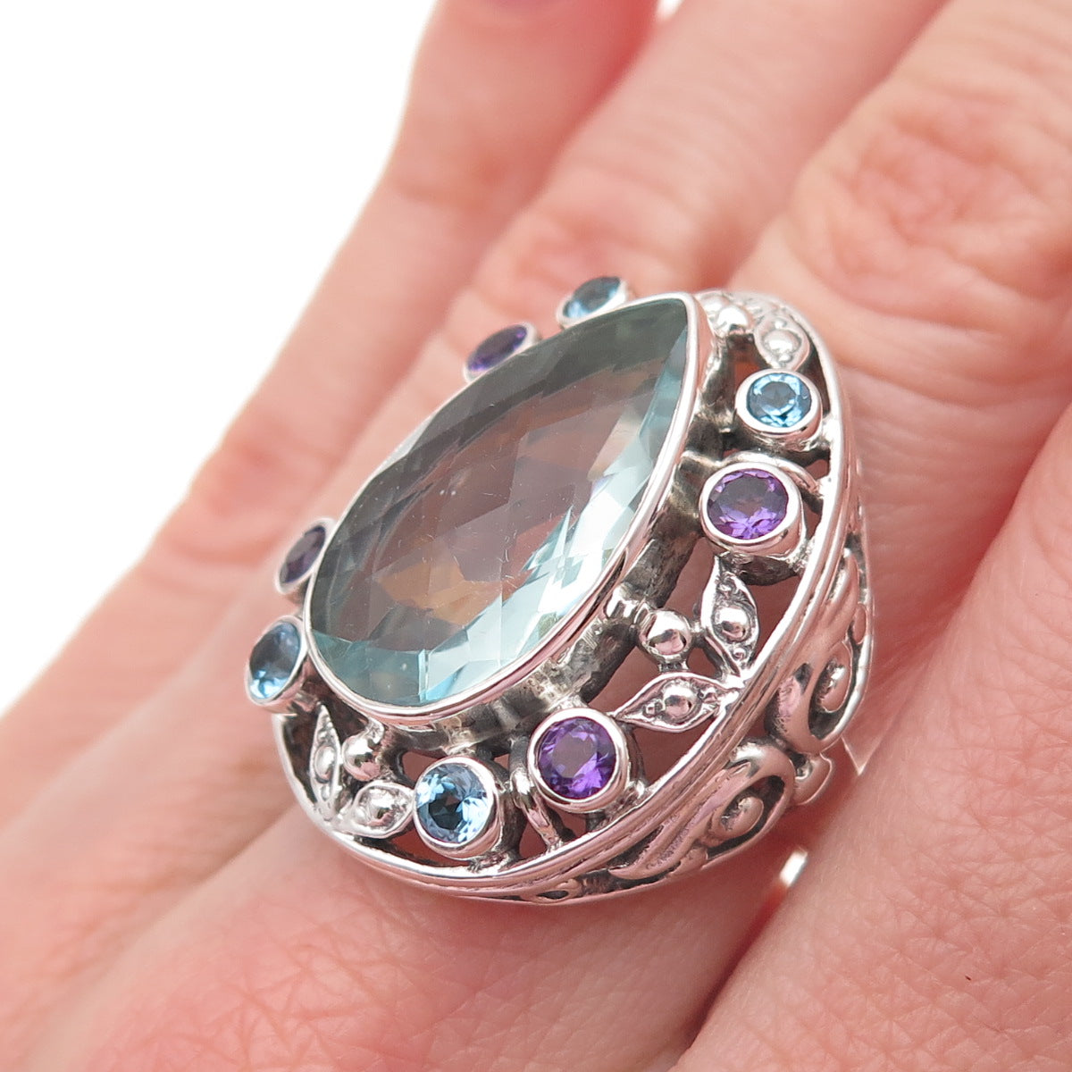NICKY BUTLER Sterling Vintage Real Aquamarine Blue Topaz & Amethyst Ring Size 7