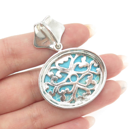 NK SILVER 925 Sterling Silver Vintage Real Turquoise Ornate Pendant