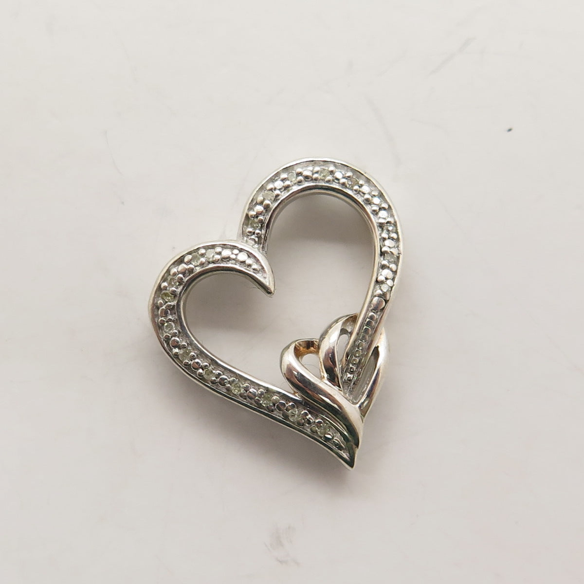 SUN 925 Sterling Silver Real Round-Cut Diamond Heart Slide Pendant