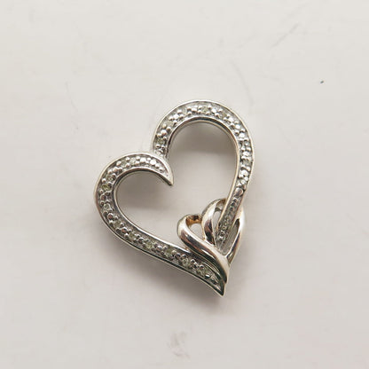 SUN 925 Sterling Silver Real Round-Cut Diamond Heart Slide Pendant