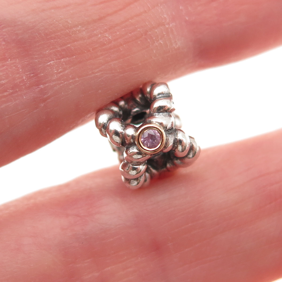 Pandora Sterling Silver & Gold Accent Real Pink Topaz Binding Beauty Slide Charm
