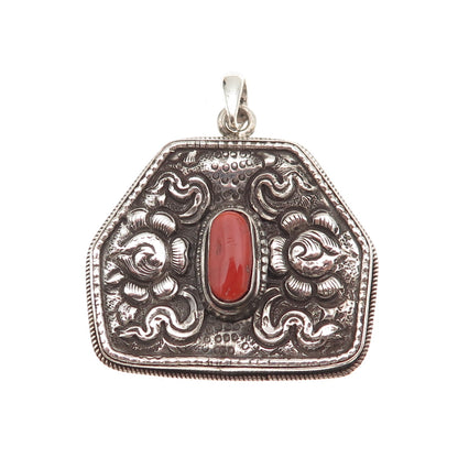 925 Sterling Silver Vintage Real Coral Floral Oxidized Pendant