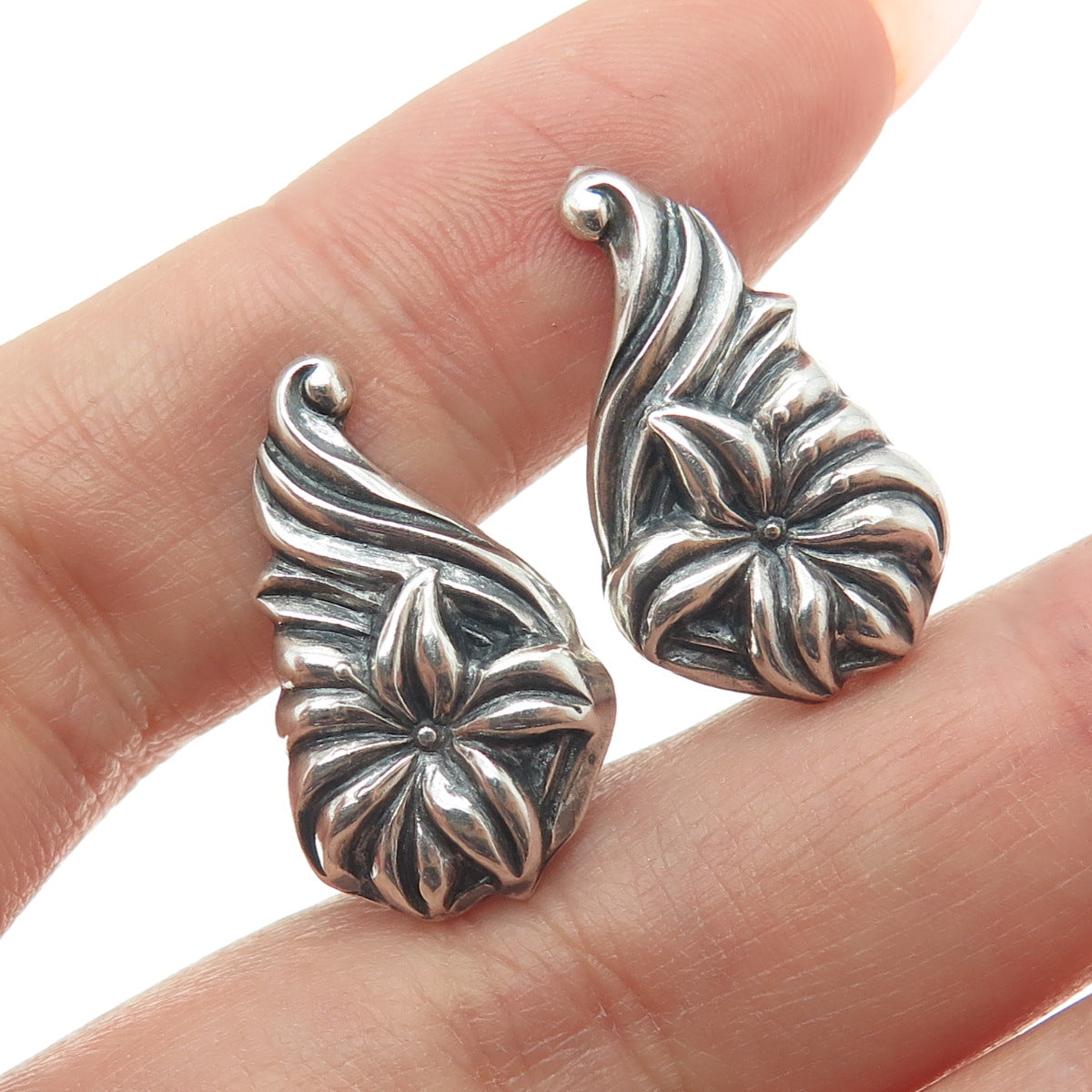 925 Sterling Silver Antique Art Deco Lily Repousse Oxidized Screw Back Earrings